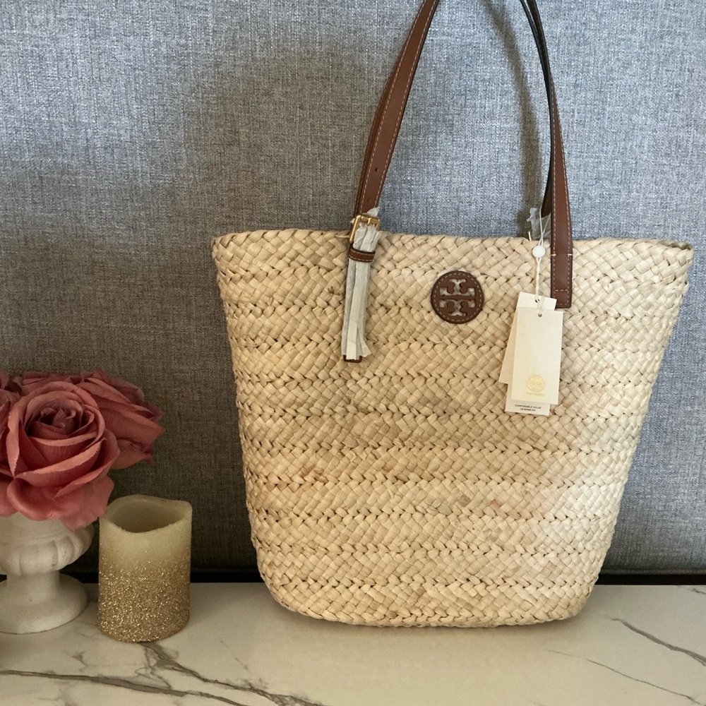 Tory Burch Natural Straw Tote with Brown Leather Straps